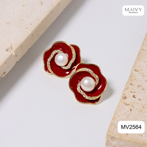 MV2564 - bông tai hoa đỏ nữ tính đính ngọc trai tròn trắng sz 5-6mm