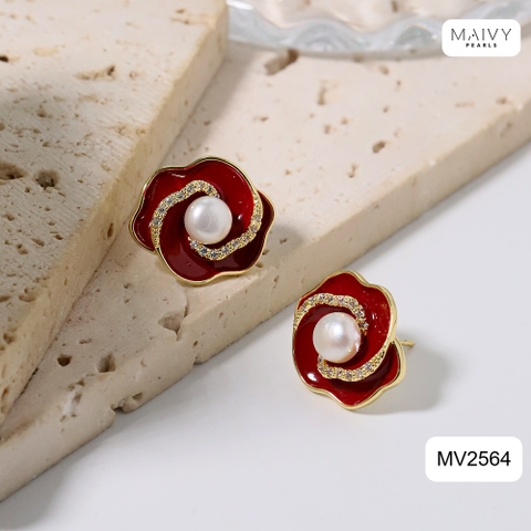 MV2564 - bông tai hoa đỏ nữ tính đính ngọc trai tròn trắng sz 5-6mm