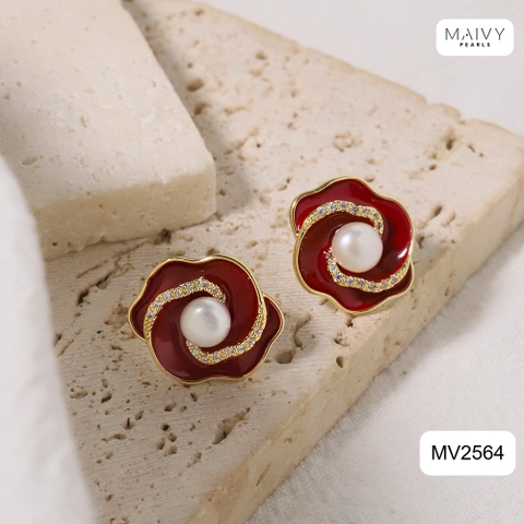 MV2564 - bông tai hoa đỏ nữ tính đính ngọc trai tròn trắng sz 5-6mm