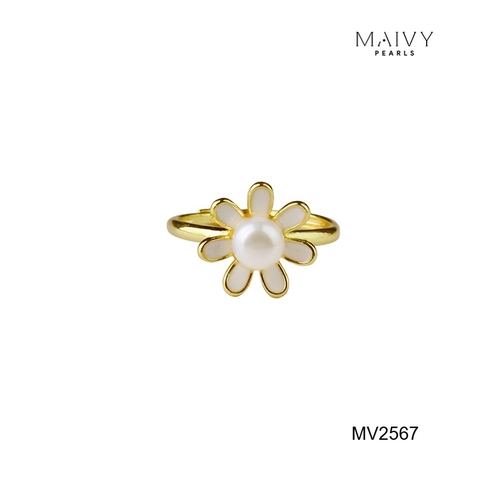 MV2567 - Nhẫn hoa cúc nhấn viên ngọc trai trắng sz 5-6mm freesize