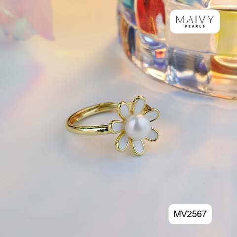 MV2567 - Nhẫn hoa cúc nhấn viên ngọc trai trắng sz 5-6mm freesize