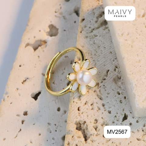 MV2567 - Nhẫn hoa cúc nhấn viên ngọc trai trắng sz 5-6mm freesize