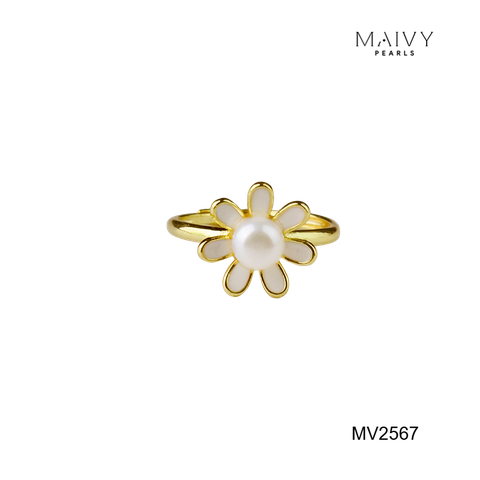 MV2567 - Nhẫn hoa cúc nhấn viên ngọc trai trắng sz 5-6mm freesize