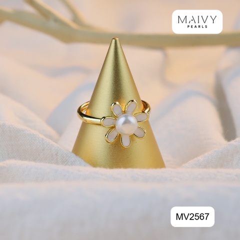 MV2567 - Nhẫn hoa cúc nhấn viên ngọc trai trắng sz 5-6mm freesize