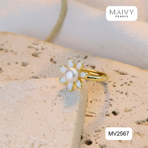 MV2567 - Nhẫn hoa cúc nhấn viên ngọc trai trắng sz 5-6mm freesize