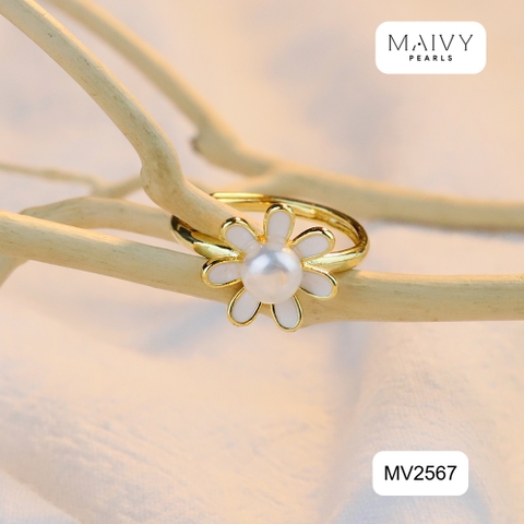 MV2567 - Nhẫn hoa cúc nhấn viên ngọc trai trắng sz 5-6mm freesize