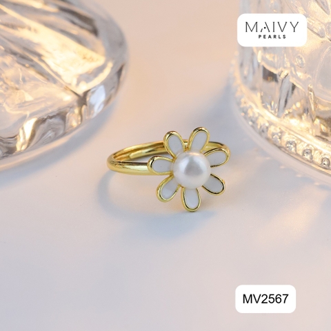MV2567 - Nhẫn hoa cúc nhấn viên ngọc trai trắng sz 5-6mm freesize