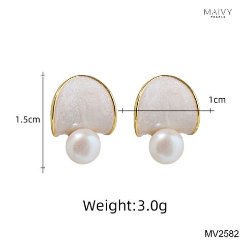 MV2582- Bông tai hình lá nhấn viên ngọc trai ngọt trắng size 5-6mm
