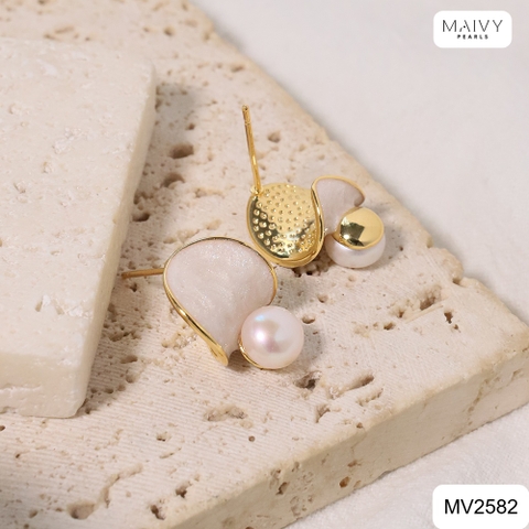 MV2582- Bông tai hình lá nhấn viên ngọc trai ngọt trắng size 5-6mm