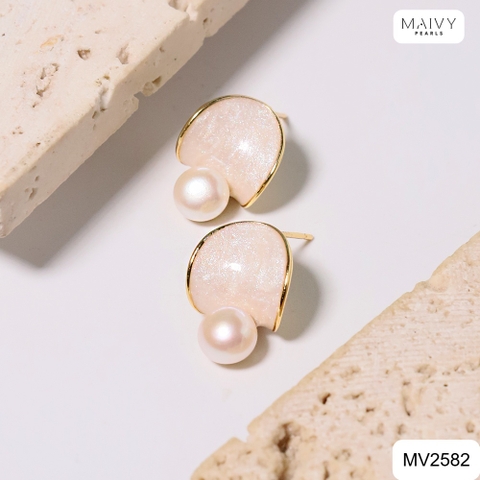 MV2582- Bông tai hình lá nhấn viên ngọc trai ngọt trắng size 5-6mm