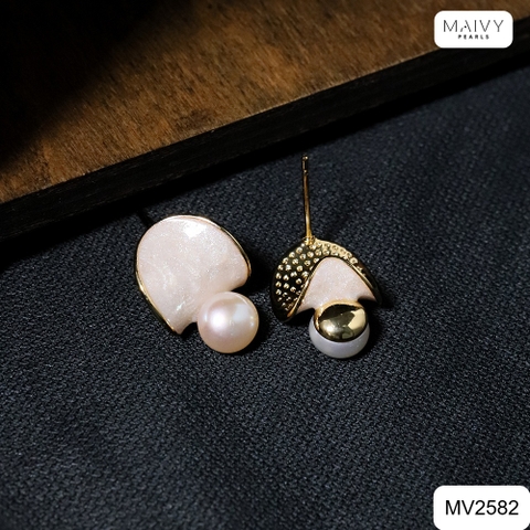 MV2582- Bông tai hình lá nhấn viên ngọc trai ngọt trắng size 5-6mm