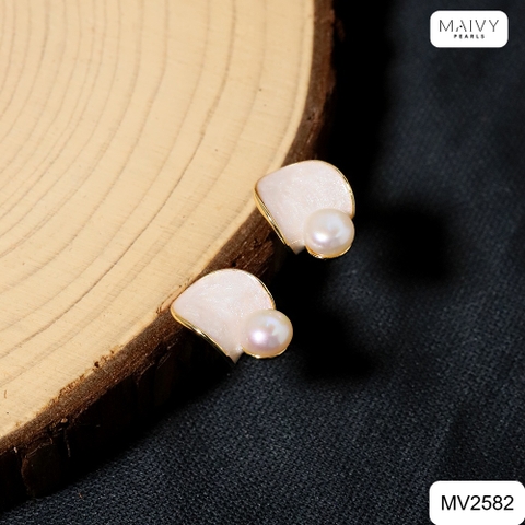 MV2582- Bông tai hình lá nhấn viên ngọc trai ngọt trắng size 5-6mm