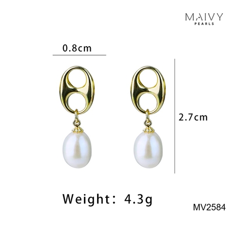 MV2584 - Bông tai ngọc trai trắng hình trứng phụ kiện đế bạc 925 mạ vàng 18k