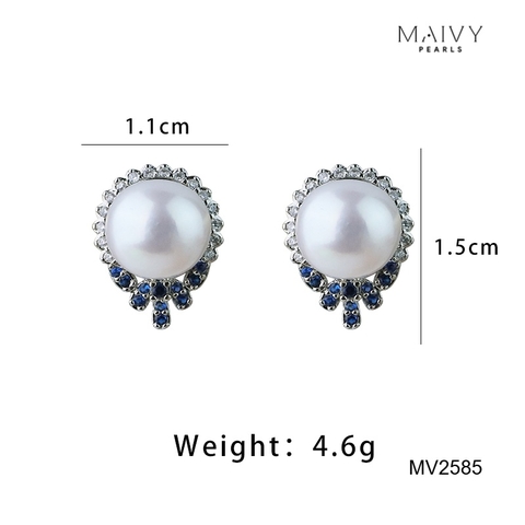 MV2585 - bông tai ngọc trai trắng đính viền đá xanh và trắng