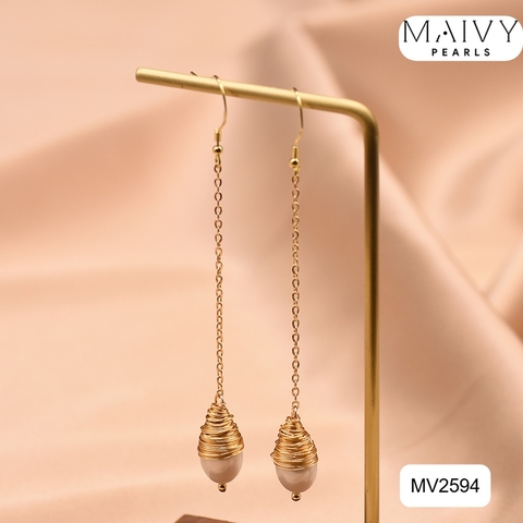 MV2594 - Bông tai ngọc trai trắng dáng dài thả rơi quấn viền bạc 925 mạ vàng 18l