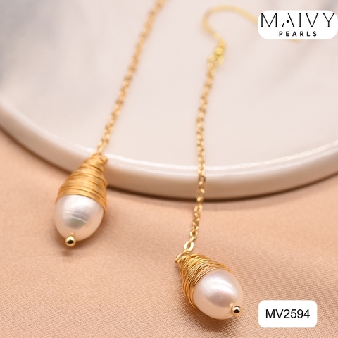MV2594 - Bông tai ngọc trai trắng dáng dài thả rơi quấn viền bạc 925 mạ vàng 18l