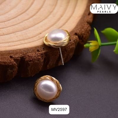 MV2597 - Bông tai ngọc trai ngọt tròn trắng quấn viền bạc 925 mạ vàng 18k