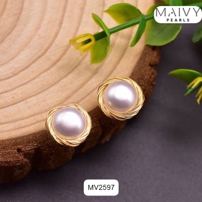 MV2597 - Bông tai ngọc trai ngọt tròn trắng quấn viền bạc 925 mạ vàng 18k