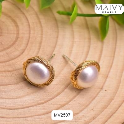 MV2597 - Bông tai ngọc trai ngọt tròn trắng quấn viền bạc 925 mạ vàng 18k