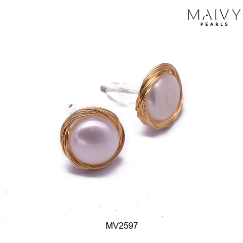 MV2597 - Bông tai ngọc trai ngọt tròn trắng quấn viền bạc 925 mạ vàng 18k