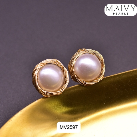 MV2597 - Bông tai ngọc trai ngọt tròn trắng quấn viền bạc 925 mạ vàng 18k