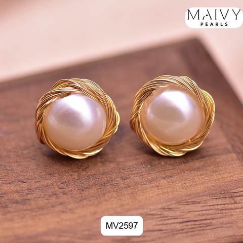 MV2597 - Bông tai ngọc trai ngọt tròn trắng quấn viền bạc 925 mạ vàng 18k