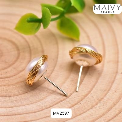MV2597 - Bông tai ngọc trai ngọt tròn trắng quấn viền bạc 925 mạ vàng 18k