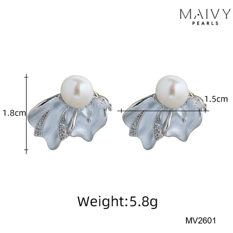 MV2601- Bông tai dáng vây cá nhấn ngọc trai trắng size 5-6mm