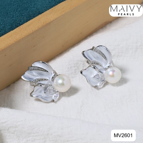 MV2601- Bông tai dáng vây cá nhấn ngọc trai trắng size 5-6mm
