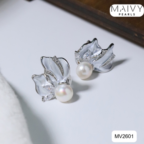 MV2601- Bông tai dáng vây cá nhấn ngọc trai trắng size 5-6mm