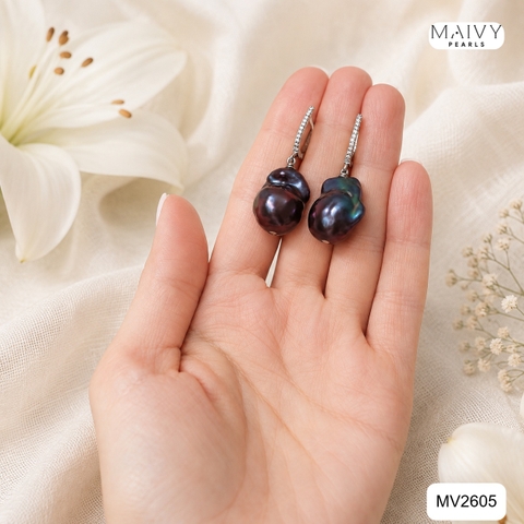 MV2605 - set dây chuyền trai gạo, bông tai trai Baroque ánh lông công