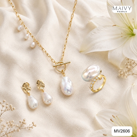 MV2606 - Nhẫn freesize nhấn ngọc trai baroque trắng