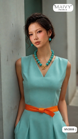 MV2608- Set đá lam sz 12-13mm tròn trơn gồm dây chuyền/lắc tay/bông tai