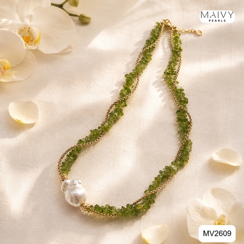 MV2609- Dây chuyền đá tự nhiên màu xanh cốm mix ngọc trai baroque trắng