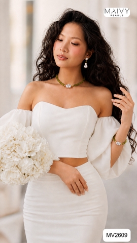 MV2609- Dây chuyền đá tự nhiên màu xanh cốm mix ngọc trai baroque trắng
