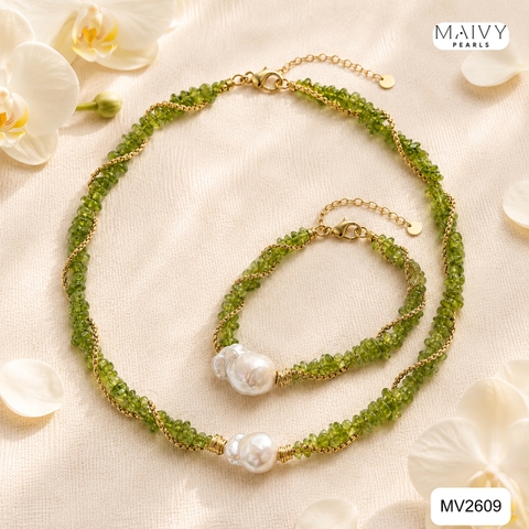 MV2609- Dây chuyền đá tự nhiên màu xanh cốm mix ngọc trai baroque trắng