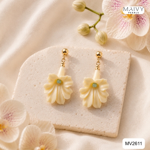 MV2611-set dây và bông đá xanh tự nhiên nhấn charm lá.