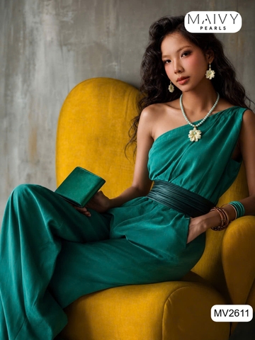 MV2611-set dây và bông đá xanh tự nhiên nhấn charm lá.