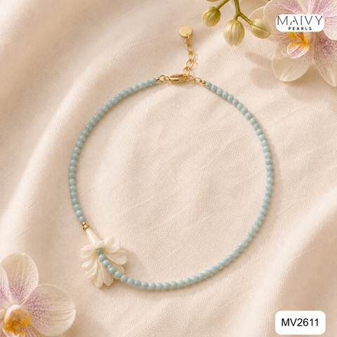MV2611-set dây và bông đá xanh tự nhiên nhấn charm lá.