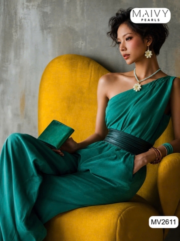 MV2611-set dây và bông đá xanh tự nhiên nhấn charm lá.