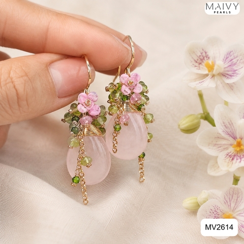 MV2614 - Bông tai đá tự nhiên hồng mix xanh nhấn viên đá xanh