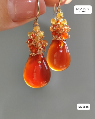 MV2616 - Bông tai đá tự nhiên màu cam khuyên móc