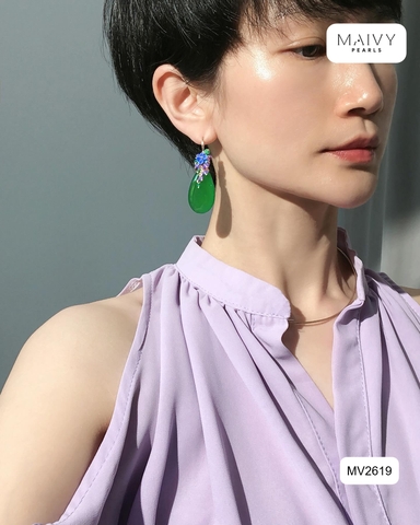 MV2619 - Bông tai đá tự nhiên xanh lá dây mix xanh dương khuyên móc