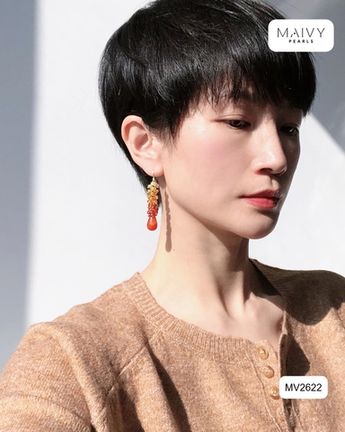 MV2622 - Bông tai đá tự nhiên màu cam đậm nhạt thả dài