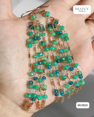 MV2624 - Bông tai đá xanh lá tự nhiên thả dài nhiều sợi