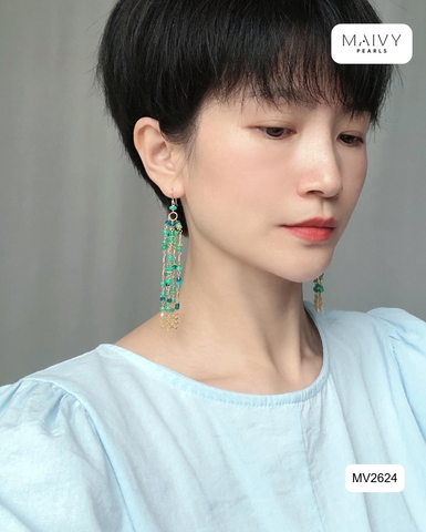 MV2624 - Bông tai đá xanh lá tự nhiên thả dài nhiều sợi
