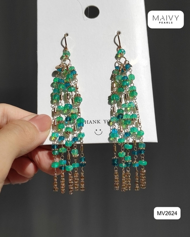 MV2624 - Bông tai đá xanh lá tự nhiên thả dài nhiều sợi