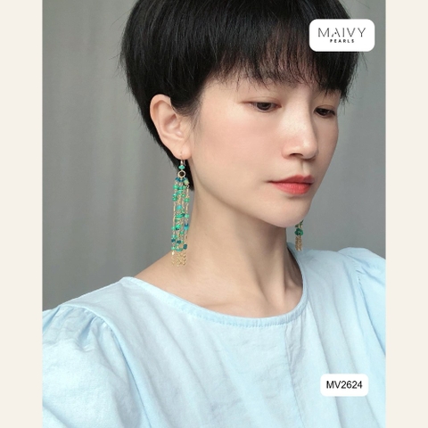 Bông tai đá xanh lá thả dài nhiều sợi MV2624