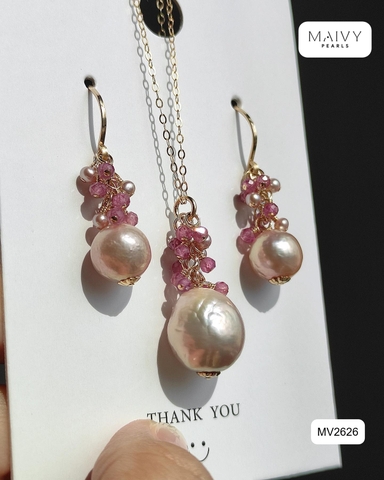 MV2626 -  Set ngọc trai baroque hồng ánh tím mix đá tự nhiên hồng