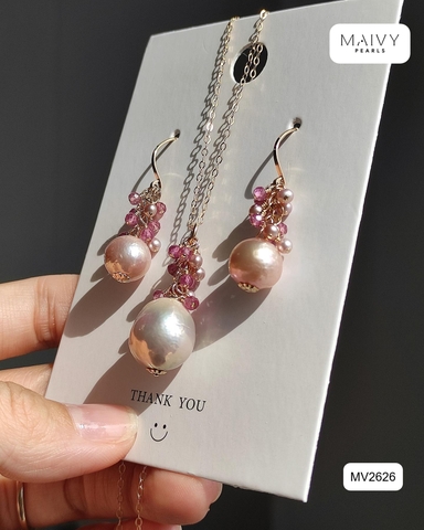 MV2626 -  Set ngọc trai baroque hồng ánh tím mix đá tự nhiên hồng